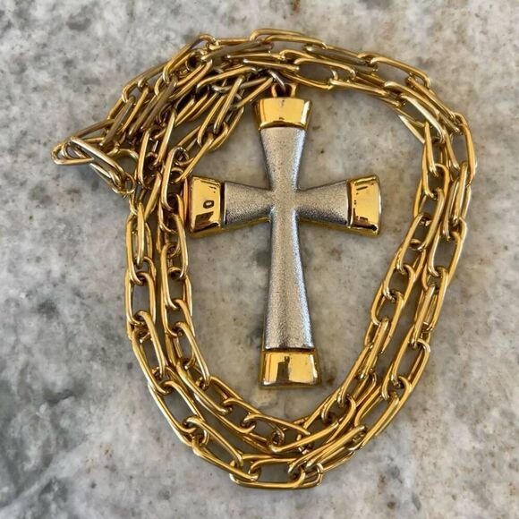 Vintage Cross Pendant, Long Chunky Link Chain 13”-15.5” Gold & Silver Necklace - Picture 1 of 8